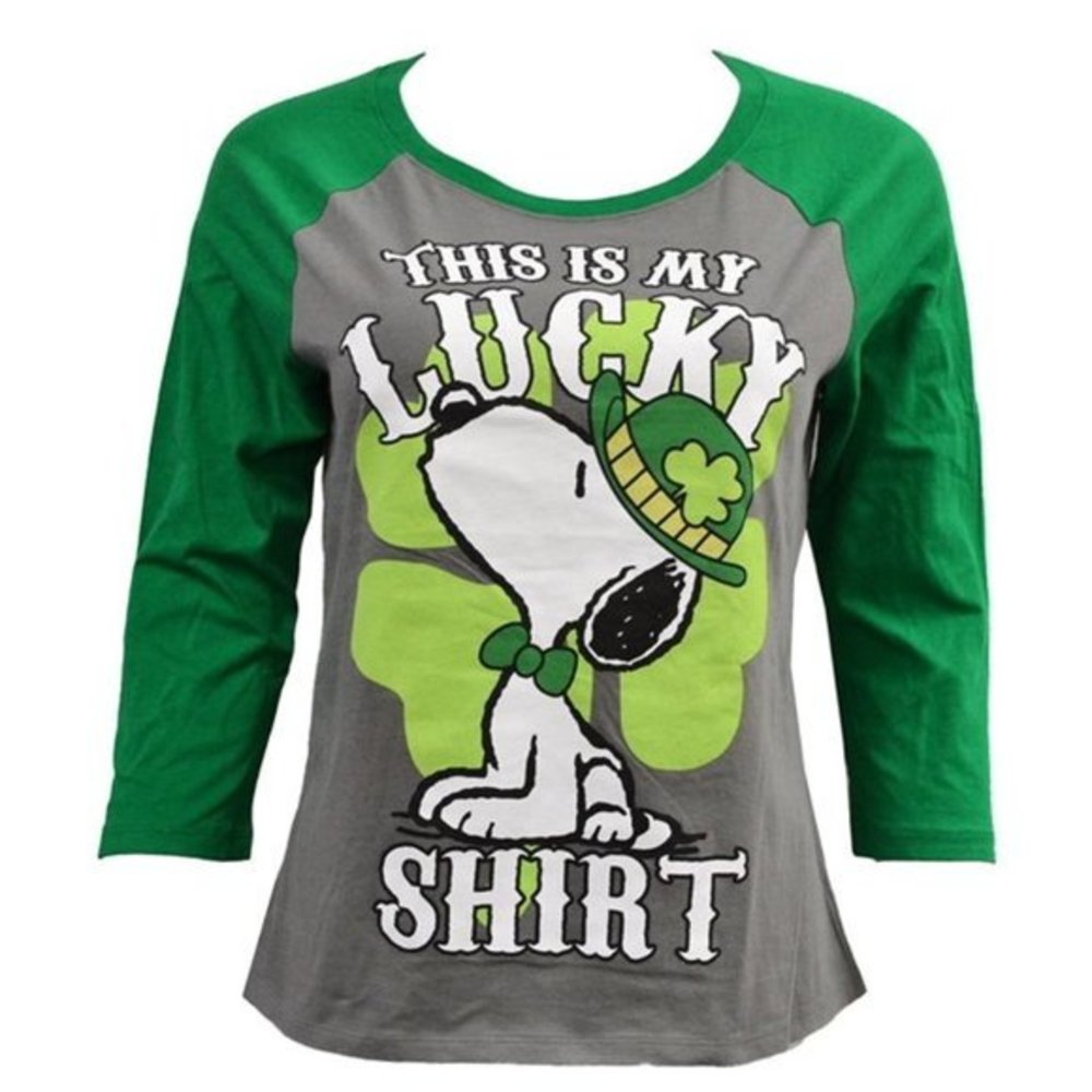Peanuts Women's‎ Juniors Raglan This Is My Lucky Shirt St. Patricks Green Top